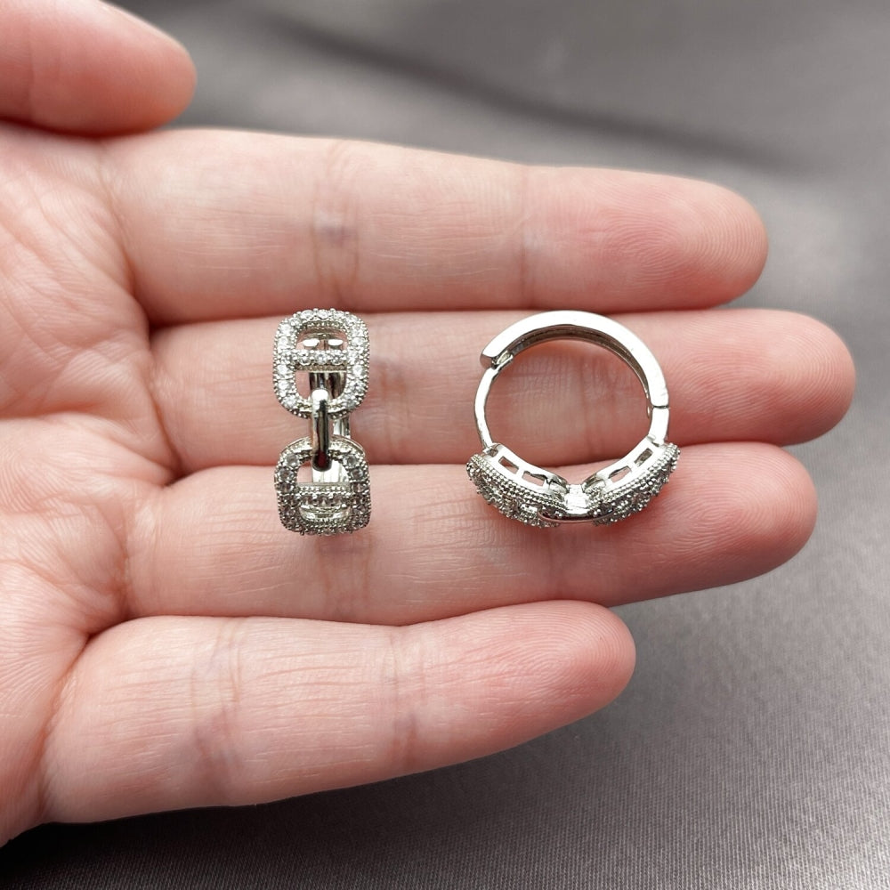 Rhodium Gold Filled Huggie Hoop, Puff Mariner Design, with White Micro Pave, Polished, Rhodium Finish