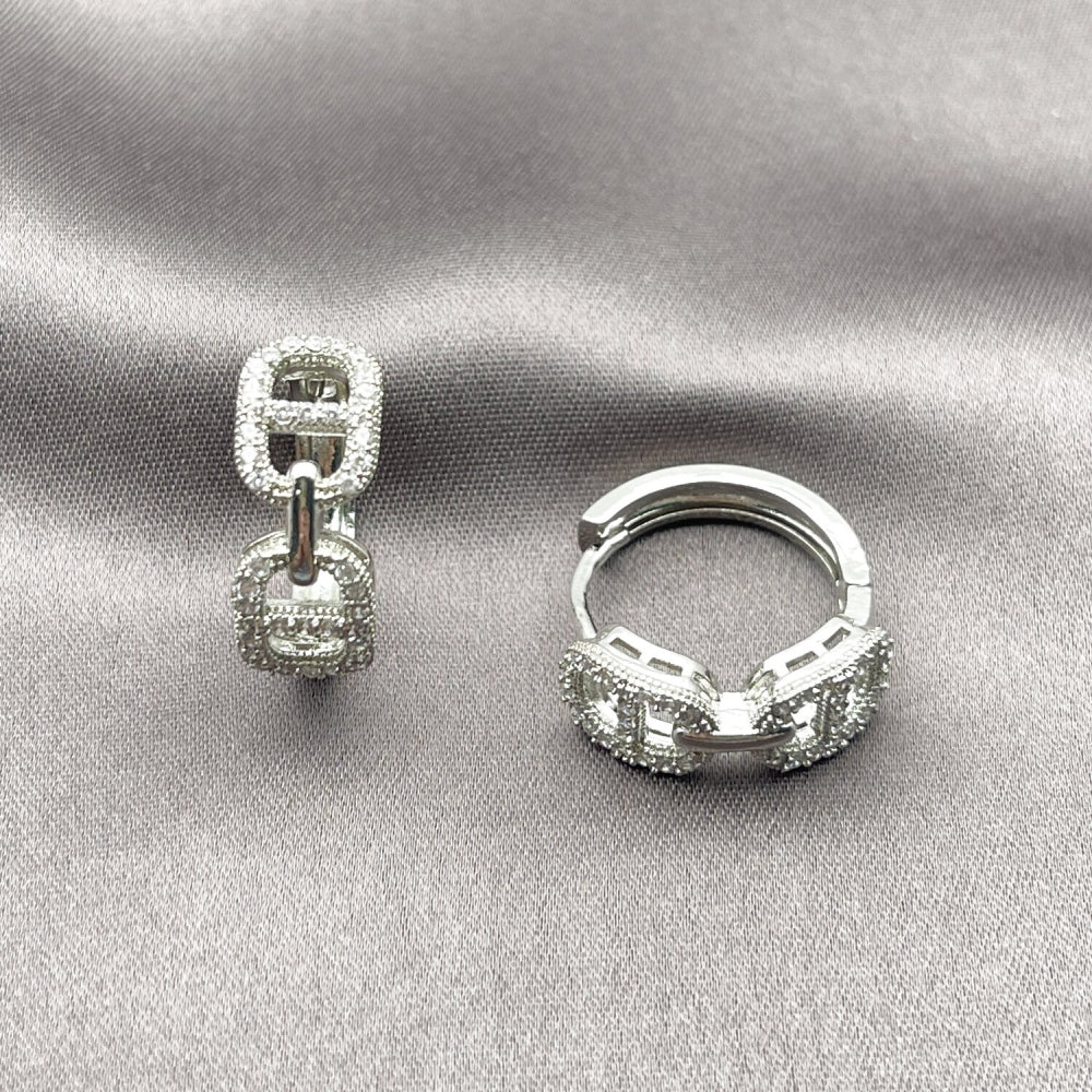 Rhodium Gold Filled Huggie Hoop, Puff Mariner Design, with White Micro Pave, Polished, Rhodium Finish