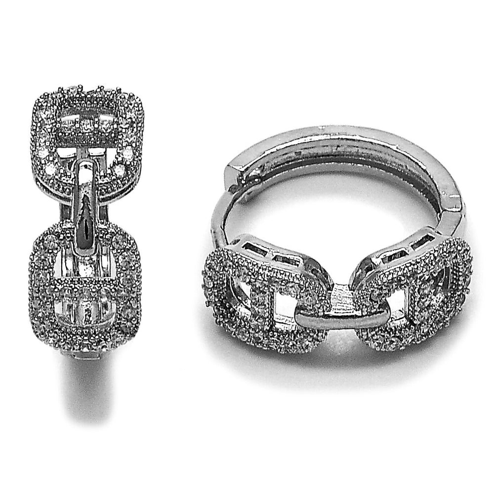 Rhodium Gold Filled Huggie Hoop, Puff Mariner Design, with White Micro Pave, Polished, Rhodium Finish