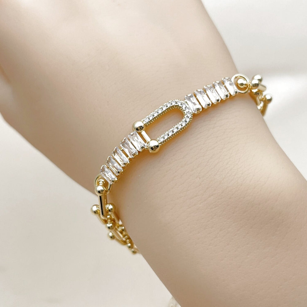 Oro Laminado Fancy Bracelet, Gold Filled Style Baguette Design, with White Cubic Zirconia and White Micro Pave, Polished, Golden Finish