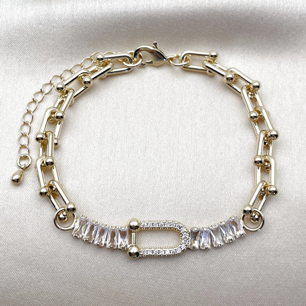 Oro Laminado Fancy Bracelet, Gold Filled Style Baguette Design, with White Cubic Zirconia and White Micro Pave, Polished, Golden Finish
