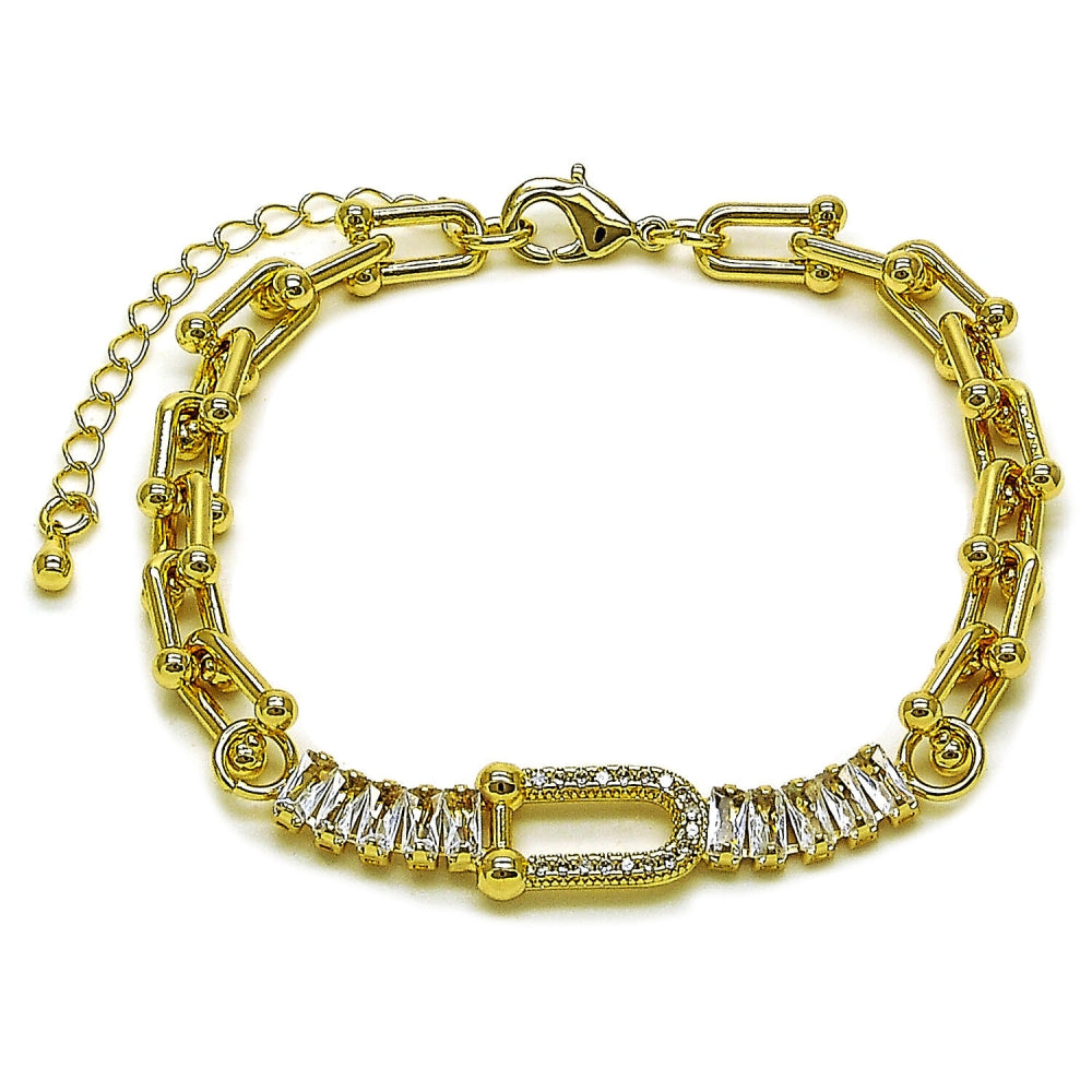 Oro Laminado Fancy Bracelet, Gold Filled Style Baguette Design, with White Cubic Zirconia and White Micro Pave, Polished, Golden Finish