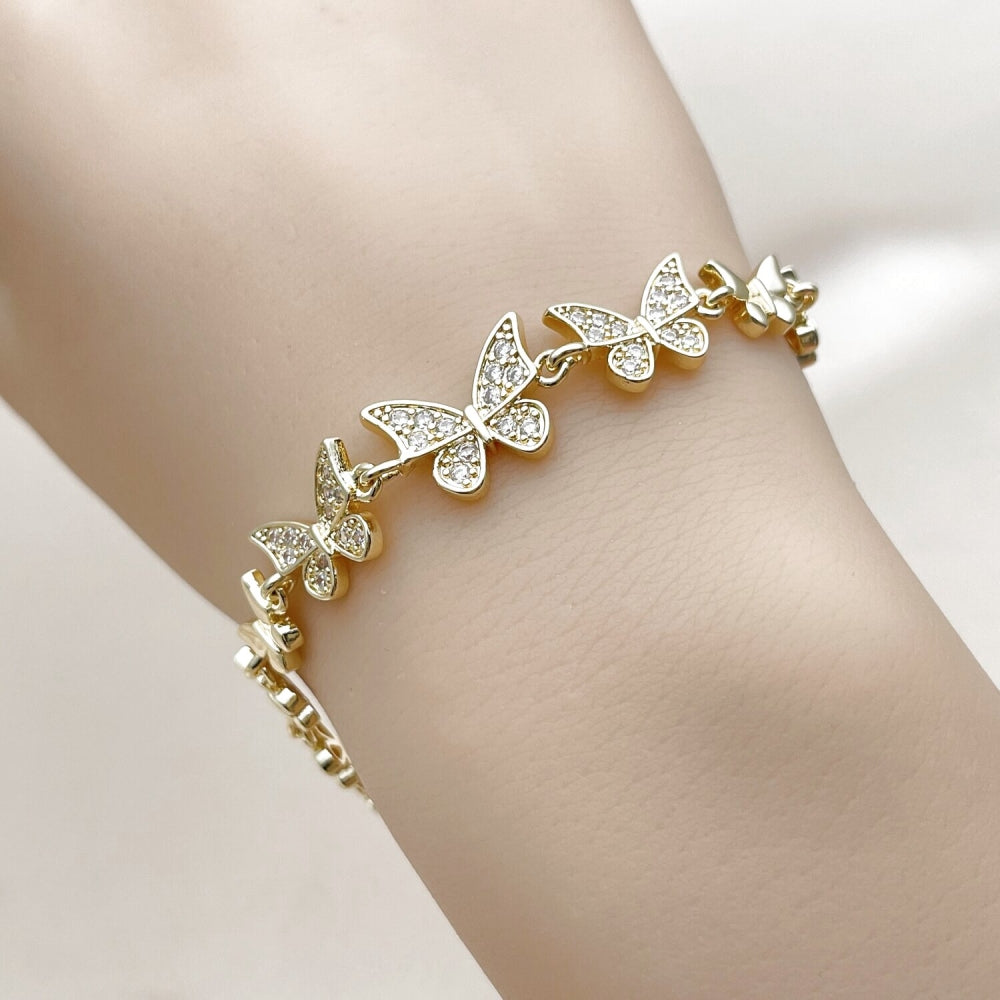 Oro Laminado Fancy Bracelet, Gold Filled Style Butterfly Design, with White Cubic Zirconia, Polished, Golden Finish