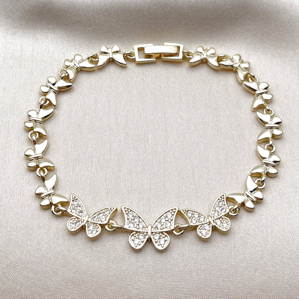 Oro Laminado Fancy Bracelet, Gold Filled Style Butterfly Design, with White Cubic Zirconia, Polished, Golden Finish