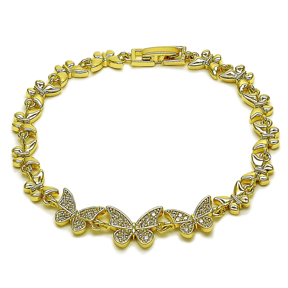 Oro Laminado Fancy Bracelet, Gold Filled Style Butterfly Design, with White Cubic Zirconia, Polished, Golden Finish