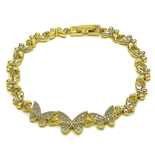 Oro Laminado Fancy Bracelet, Gold Filled Style Butterfly Design, with White Cubic Zirconia, Polished, Golden Finish