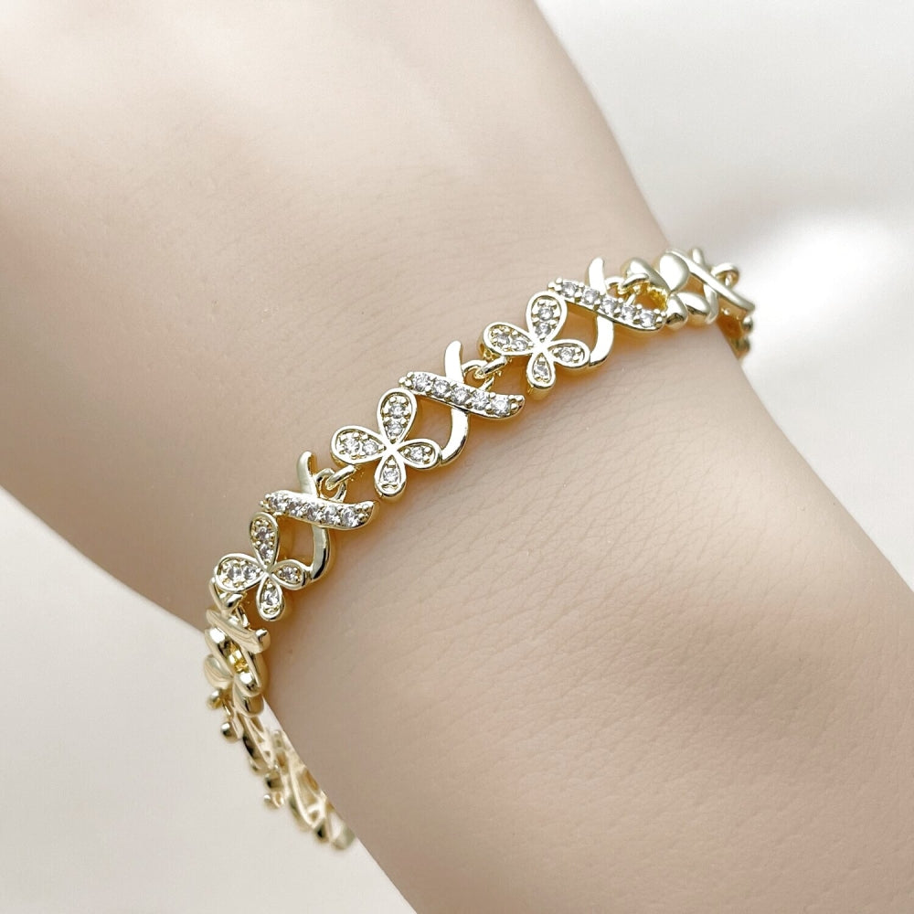 Oro Laminado Fancy Bracelet, Gold Filled Style Hugs and Kisses and Butterfly Design, with White Micro Pave, Polished, Golden Finish