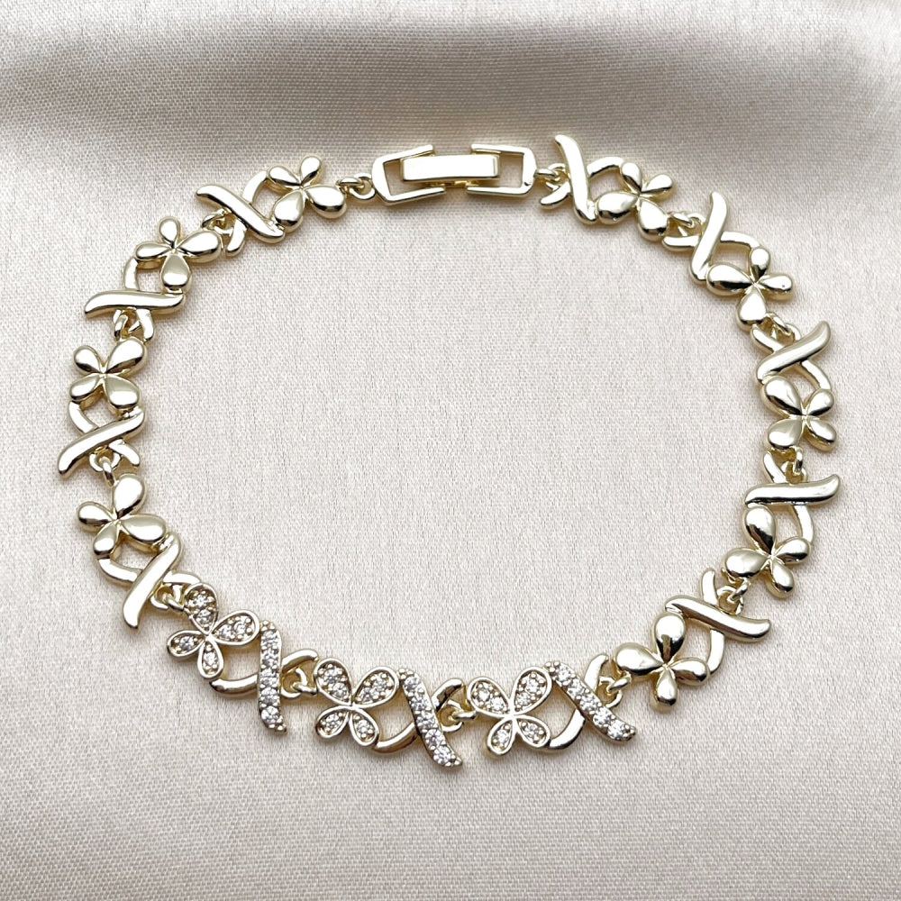 Oro Laminado Fancy Bracelet, Gold Filled Style Hugs and Kisses and Butterfly Design, with White Micro Pave, Polished, Golden Finish
