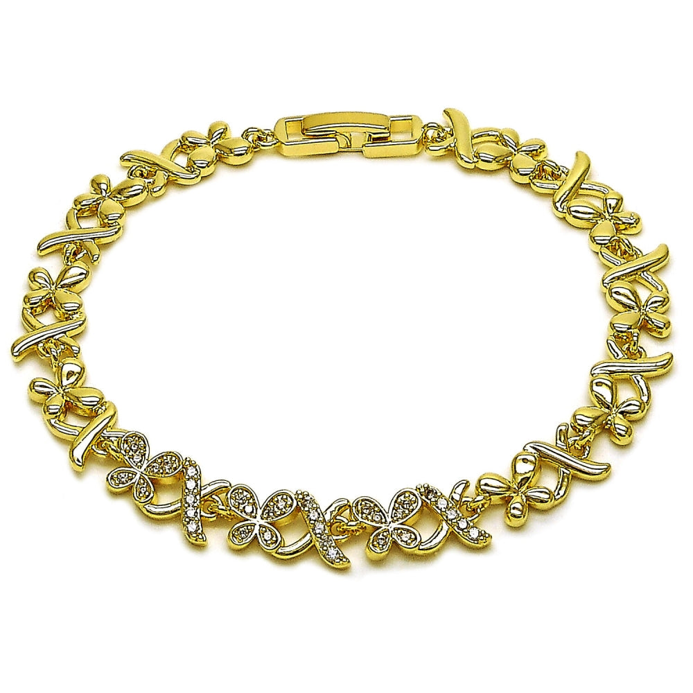 Oro Laminado Fancy Bracelet, Gold Filled Style Hugs and Kisses and Butterfly Design, with White Micro Pave, Polished, Golden Finish