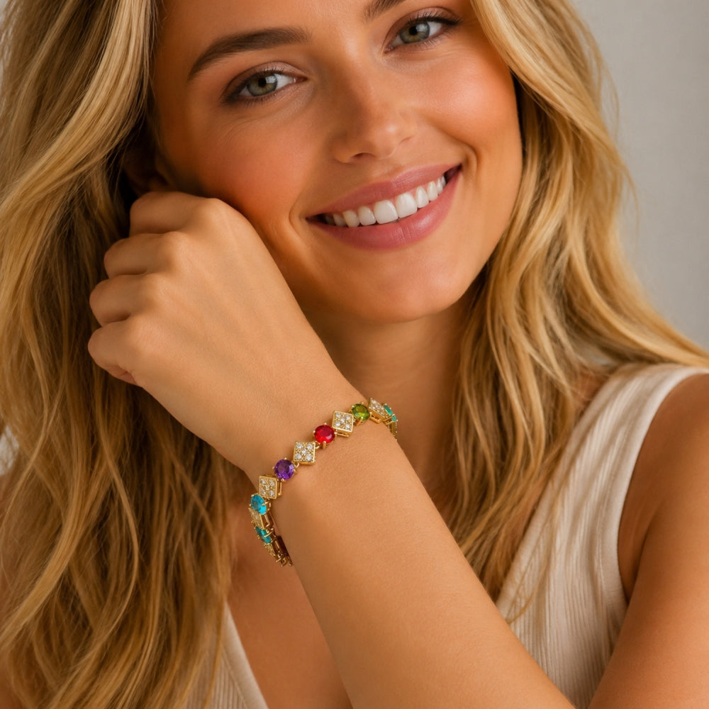 Oro Laminado Tennis Bracelet, Gold Filled Style with Multicolor and White Cubic Zirconia, Polished, Golden Finish