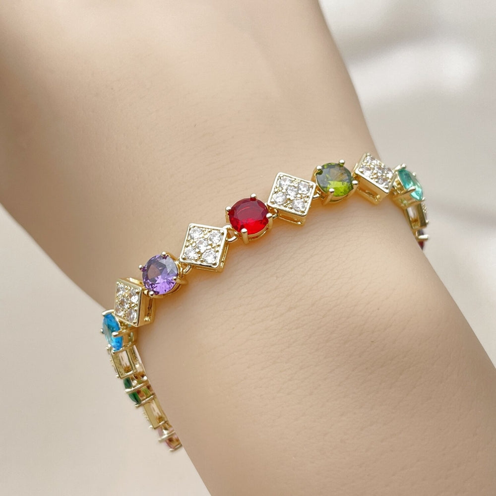 Oro Laminado Tennis Bracelet, Gold Filled Style with Multicolor and White Cubic Zirconia, Polished, Golden Finish
