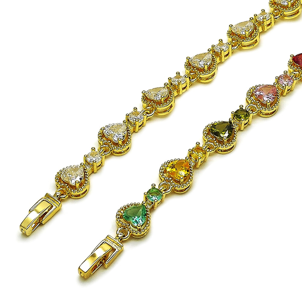 Oro Laminado Tennis Bracelet, Gold Filled Style Heart Design, with White Cubic Zirconia, Polished, Golden Finish