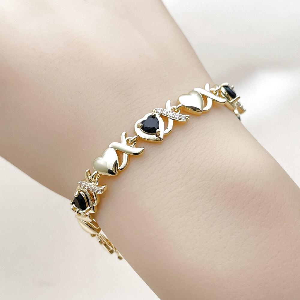Oro Laminado Fancy Bracelet, Gold Filled Style Hugs and Kisses and Heart Design, with Black and White Cubic Zirconia, Polished, Golden Finish