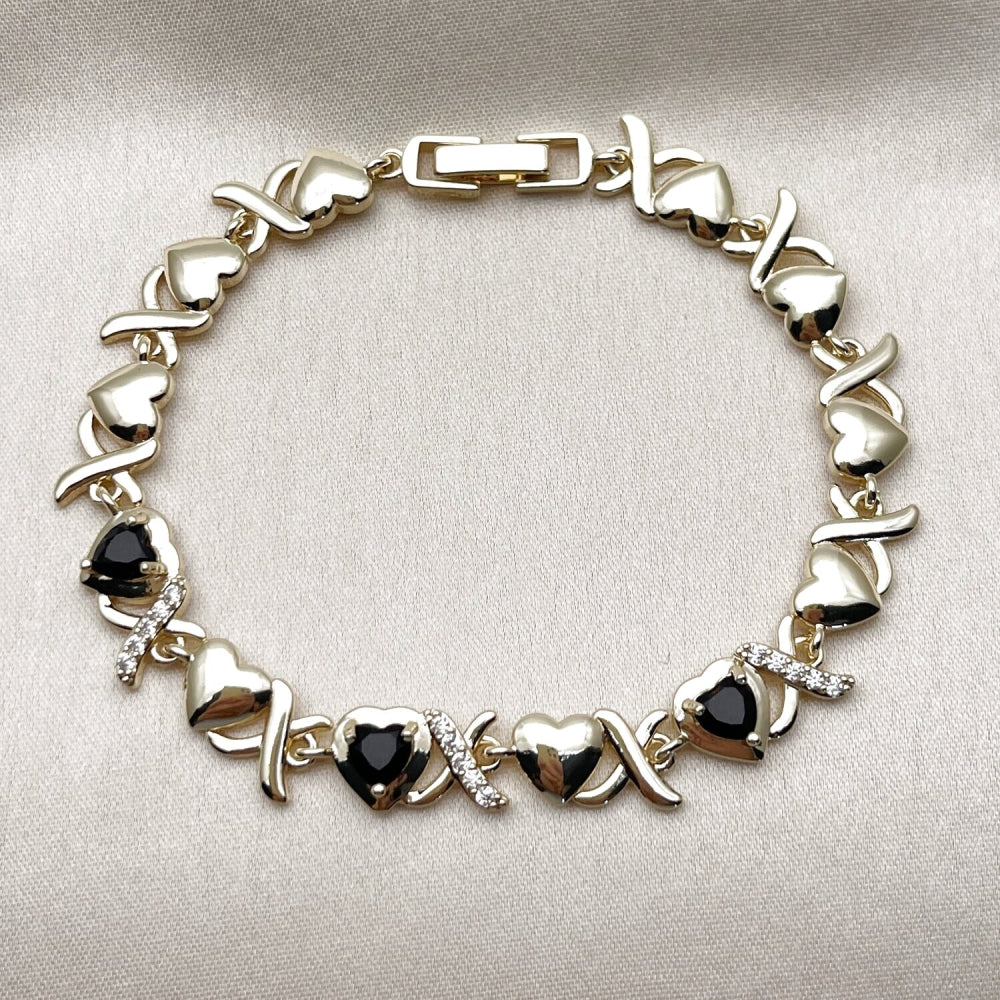 Oro Laminado Fancy Bracelet, Gold Filled Style Hugs and Kisses and Heart Design, with Black and White Cubic Zirconia, Polished, Golden Finish