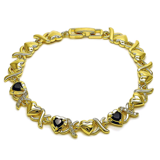 Oro Laminado Fancy Bracelet, Gold Filled Style Hugs and Kisses and Heart Design, with Black and White Cubic Zirconia, Polished, Golden Finish