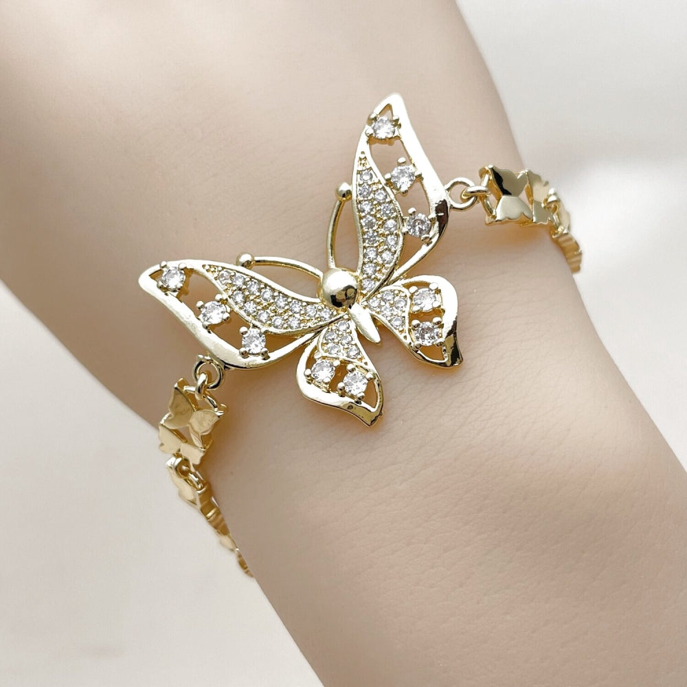 Oro Laminado Fancy Bracelet, Gold Filled Style Butterfly Design, with White Cubic Zirconia and White Micro Pave, Polished, Golden Finish