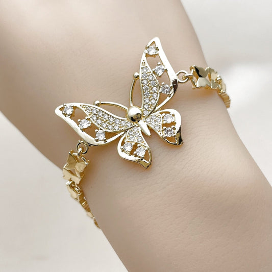 Oro Laminado Fancy Bracelet, Gold Filled Style Butterfly Design, with White Cubic Zirconia and White Micro Pave, Polished, Golden Finish