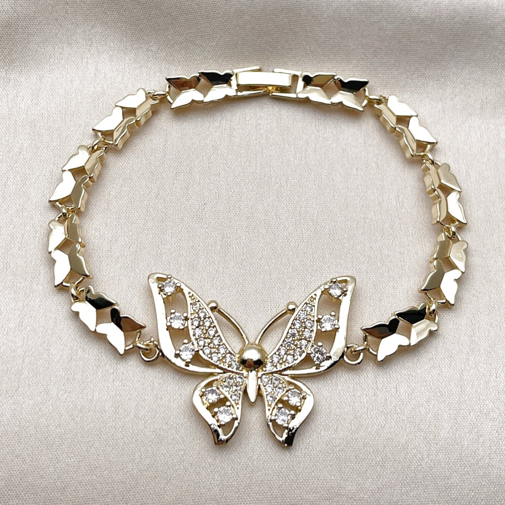 Oro Laminado Fancy Bracelet, Gold Filled Style Butterfly Design, with White Cubic Zirconia and White Micro Pave, Polished, Golden Finish