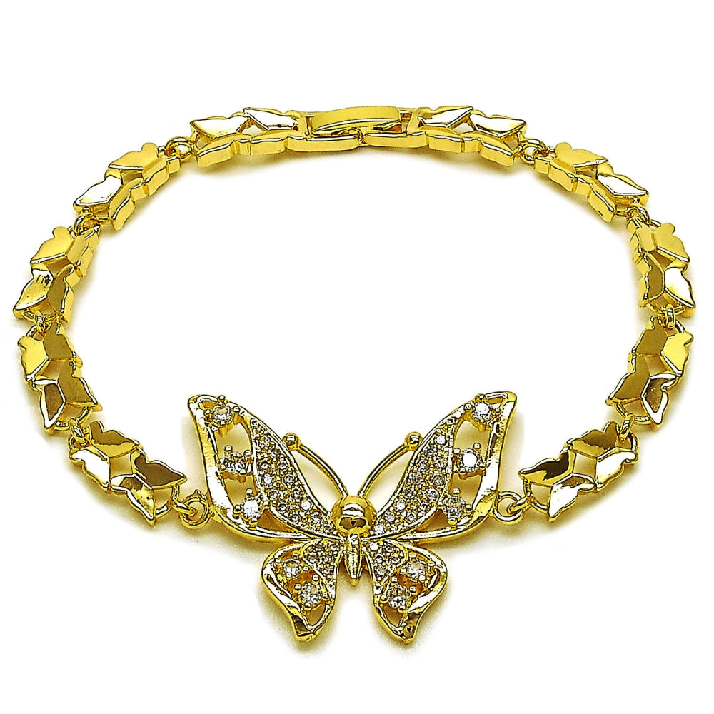 Oro Laminado Fancy Bracelet, Gold Filled Style Butterfly Design, with White Cubic Zirconia and White Micro Pave, Polished, Golden Finish
