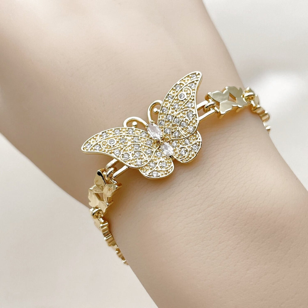 Oro Laminado Fancy Bracelet, Gold Filled Style Butterfly Design, with White Cubic Zirconia, Polished, Golden Finish