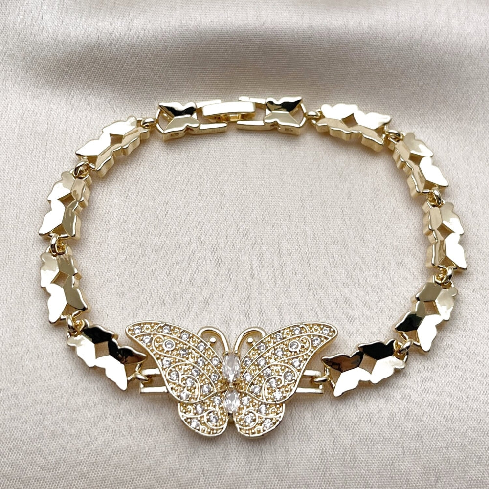 Oro Laminado Fancy Bracelet, Gold Filled Style Butterfly Design, with White Cubic Zirconia, Polished, Golden Finish
