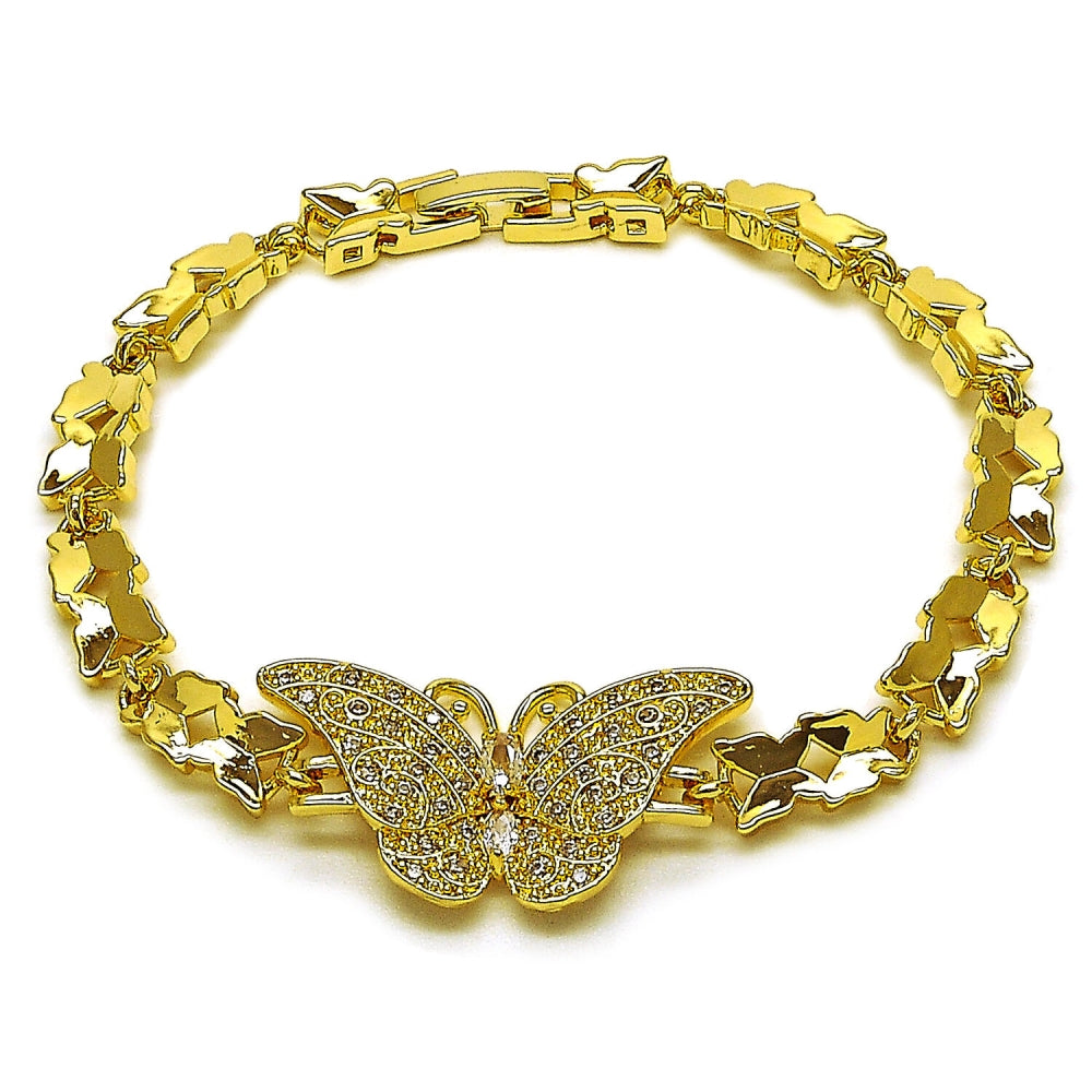 Oro Laminado Fancy Bracelet, Gold Filled Style Butterfly Design, with White Cubic Zirconia, Polished, Golden Finish