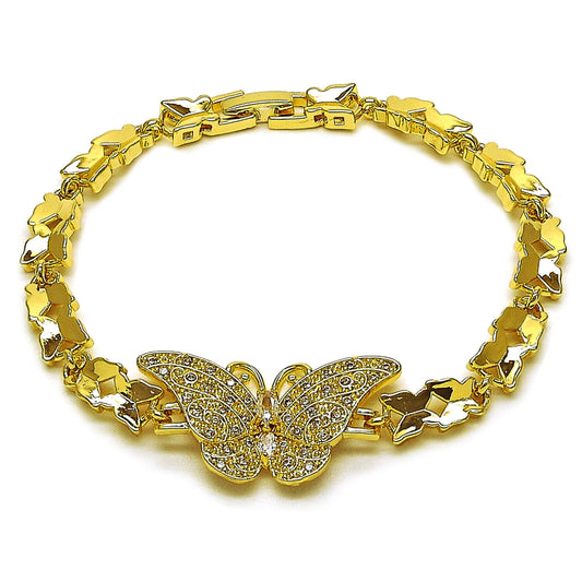 Oro Laminado Fancy Bracelet, Gold Filled Style Butterfly Design, with White Cubic Zirconia, Polished, Golden Finish