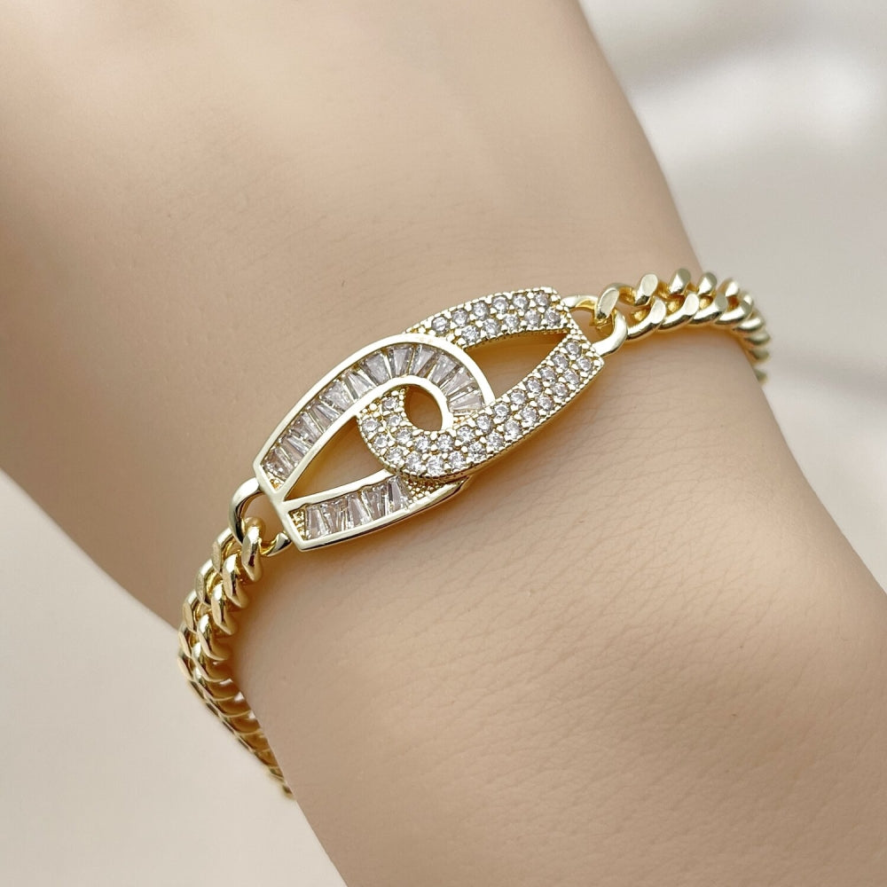 Oro Laminado Fancy Bracelet, Gold Filled Style Infinite and Baguette Design, with White Cubic Zirconia, Polished, Golden Finish