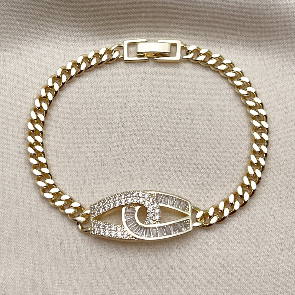 Oro Laminado Fancy Bracelet, Gold Filled Style Infinite and Baguette Design, with White Cubic Zirconia, Polished, Golden Finish