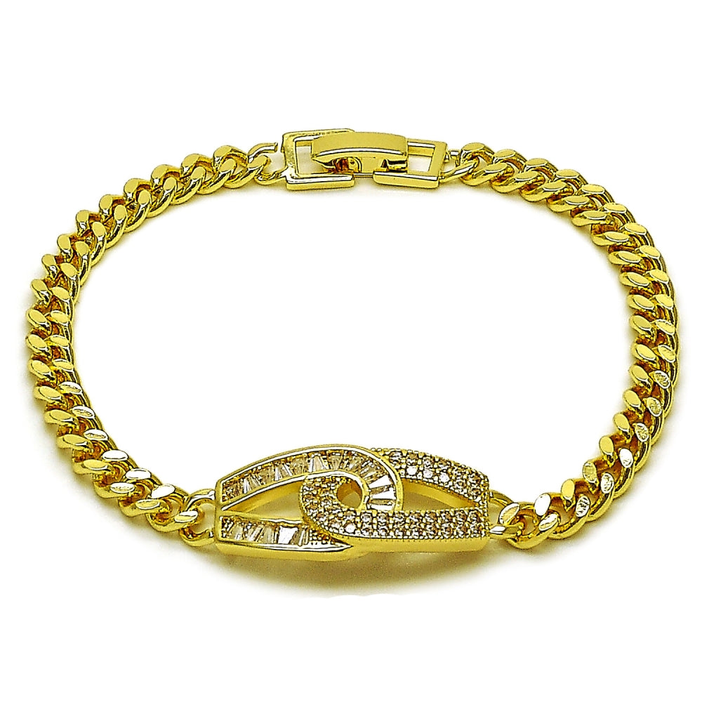 Oro Laminado Fancy Bracelet, Gold Filled Style Infinite and Baguette Design, with White Cubic Zirconia, Polished, Golden Finish