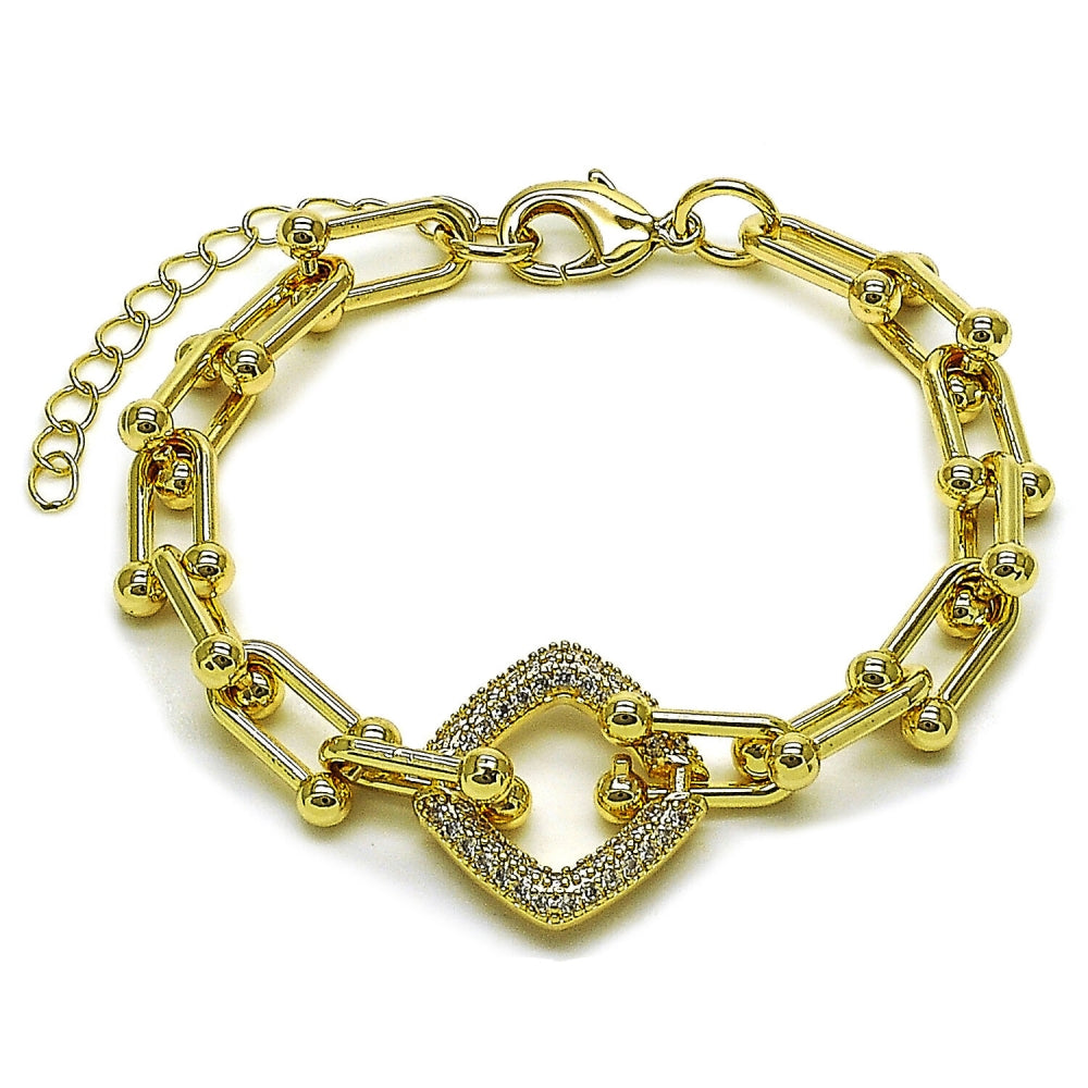 Oro Laminado Fancy Bracelet, Gold Filled Style with White Micro Pave, Polished, Golden Finish