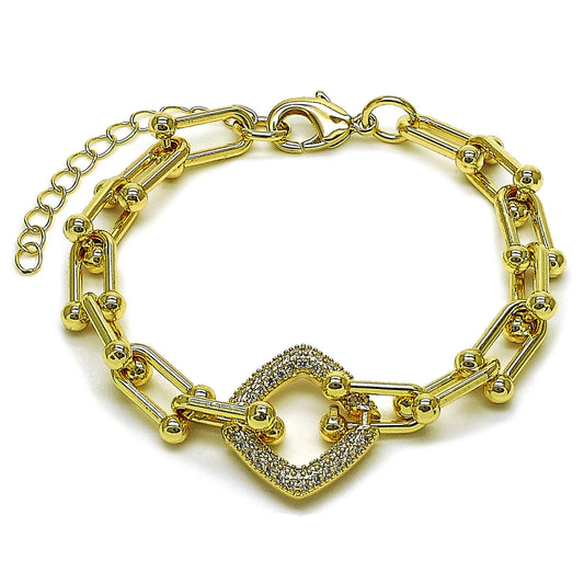 Oro Laminado Fancy Bracelet, Gold Filled Style with White Micro Pave, Polished, Golden Finish