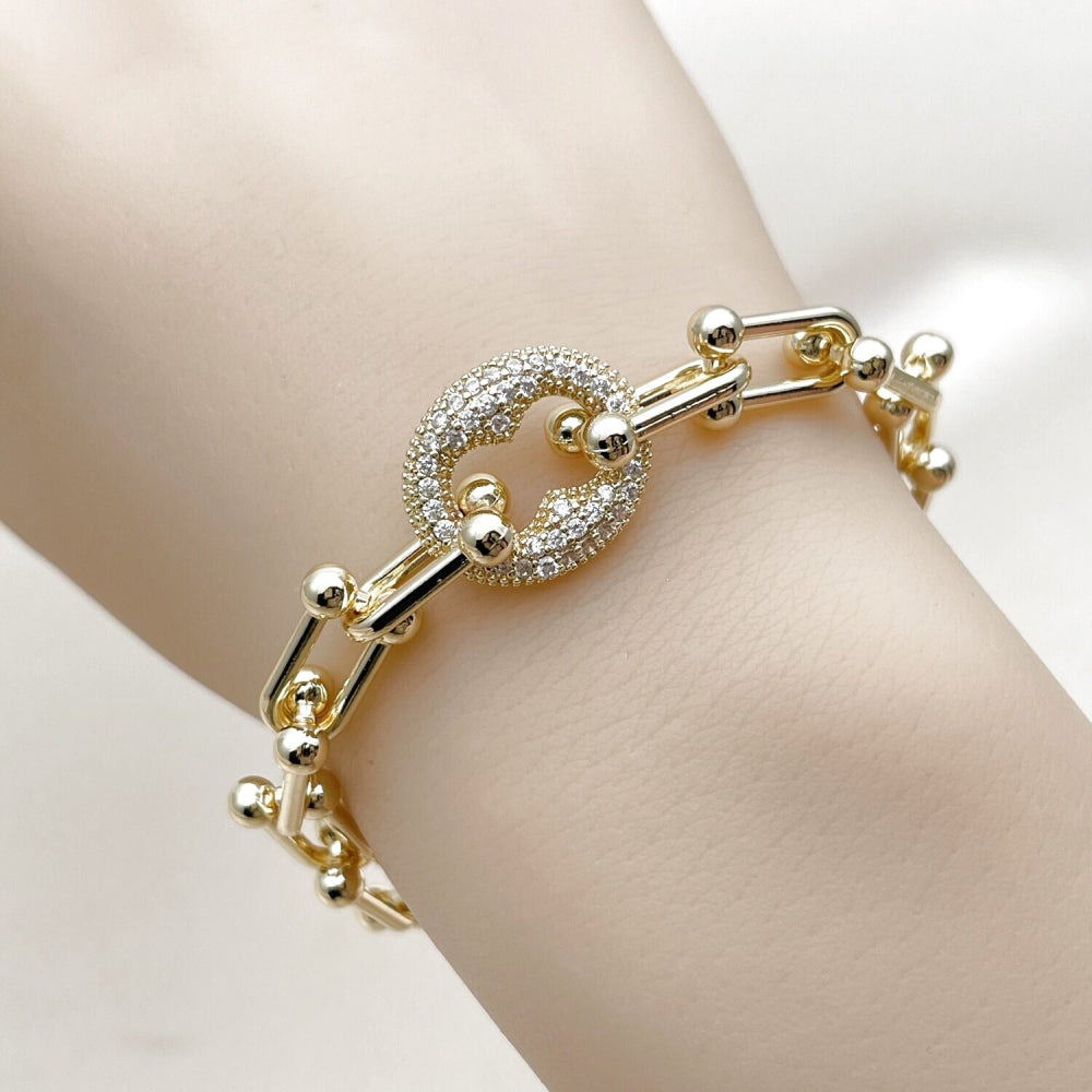 Oro Laminado Fancy Bracelet, Gold Filled Style Puff Mariner Design, with White Cubic Zirconia, Polished, Golden Finish