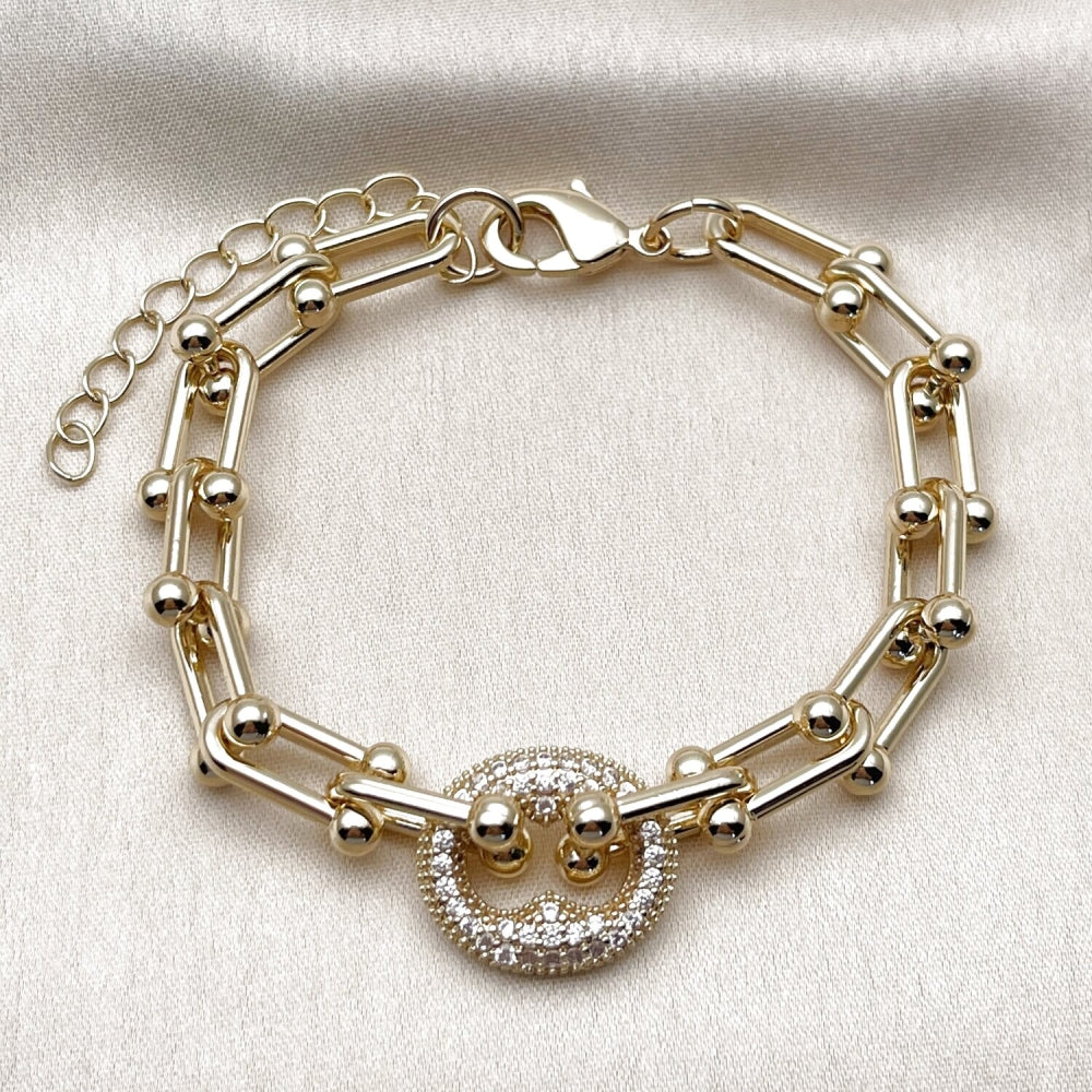 Oro Laminado Fancy Bracelet, Gold Filled Style Puff Mariner Design, with White Cubic Zirconia, Polished, Golden Finish