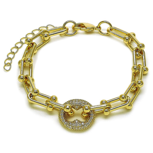 Oro Laminado Fancy Bracelet, Gold Filled Style Puff Mariner Design, with White Cubic Zirconia, Polished, Golden Finish
