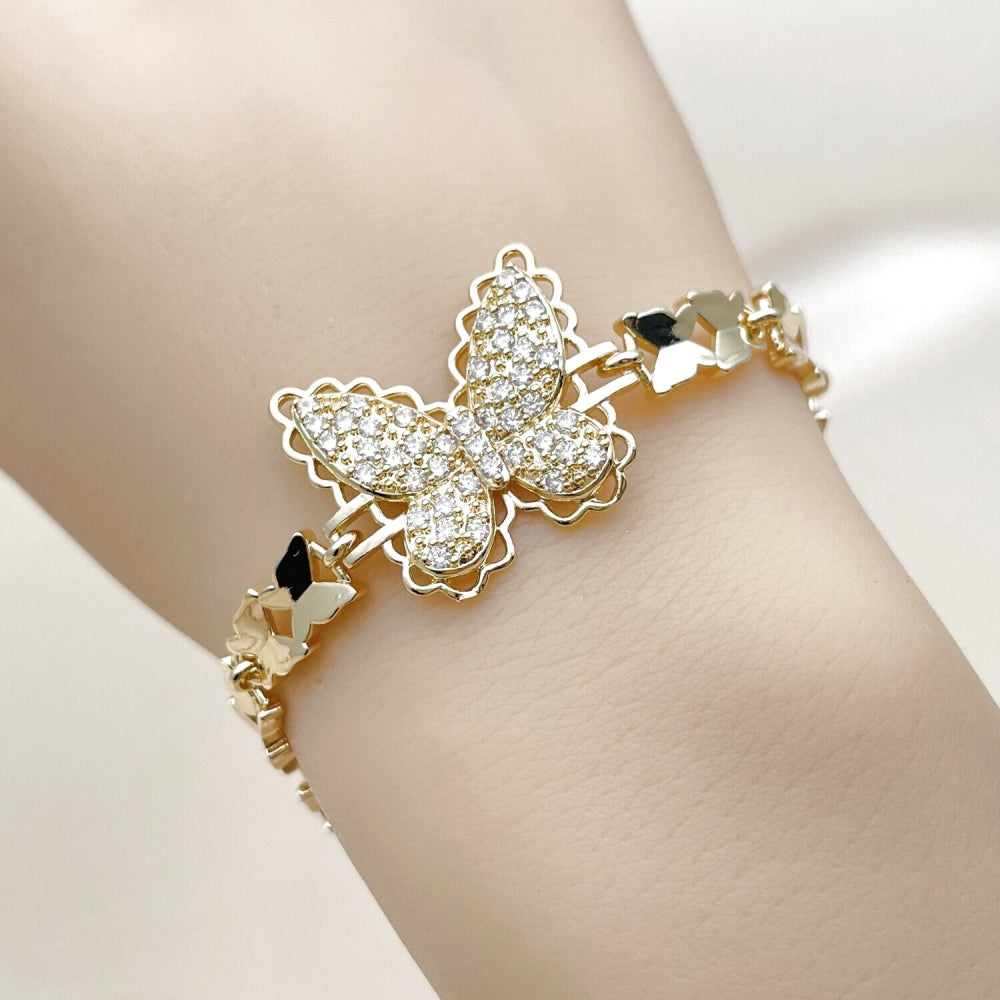 Oro Laminado Fancy Bracelet, Gold Filled Style Butterfly Design, with White Cubic Zirconia, Polished, Golden Finish