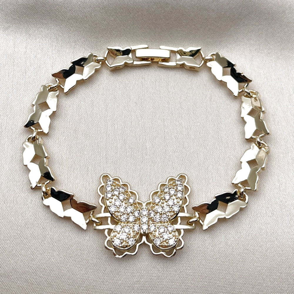 Oro Laminado Fancy Bracelet, Gold Filled Style Butterfly Design, with White Cubic Zirconia, Polished, Golden Finish