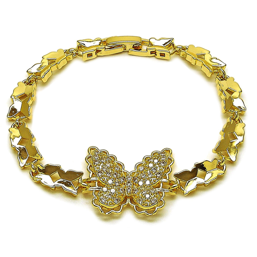 Oro Laminado Fancy Bracelet, Gold Filled Style Butterfly Design, with White Cubic Zirconia, Polished, Golden Finish