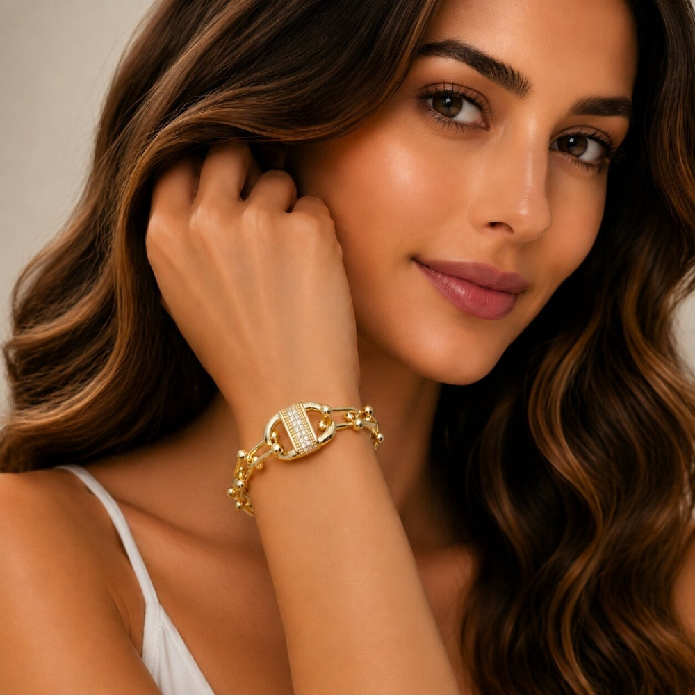 Oro Laminado Fancy Bracelet, Gold Filled Style Puff Mariner Design, with White Cubic Zirconia, Polished, Golden Finish