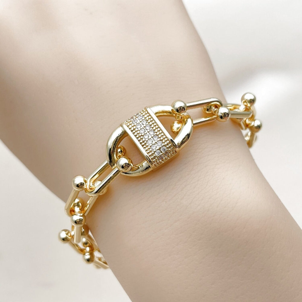 Oro Laminado Fancy Bracelet, Gold Filled Style Puff Mariner Design, with White Cubic Zirconia, Polished, Golden Finish