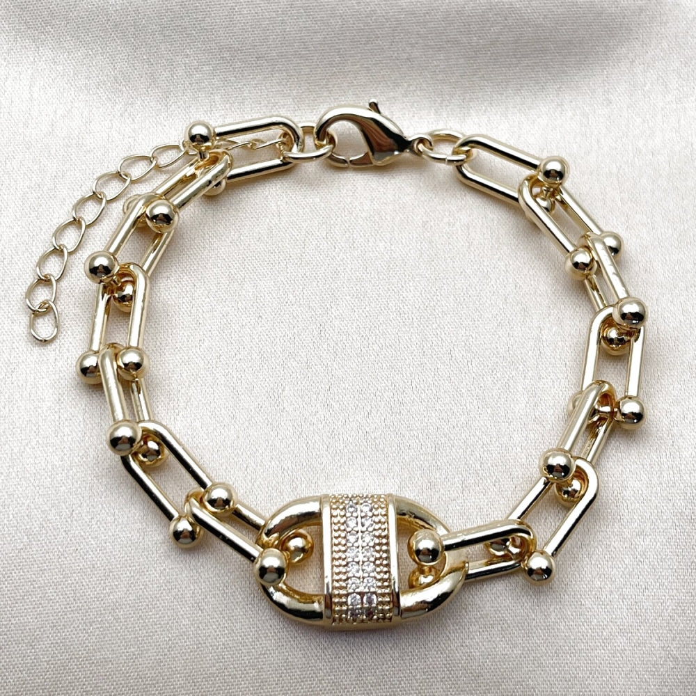 Oro Laminado Fancy Bracelet, Gold Filled Style Puff Mariner Design, with White Cubic Zirconia, Polished, Golden Finish