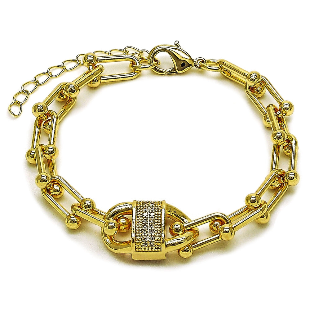 Oro Laminado Fancy Bracelet, Gold Filled Style Puff Mariner Design, with White Cubic Zirconia, Polished, Golden Finish
