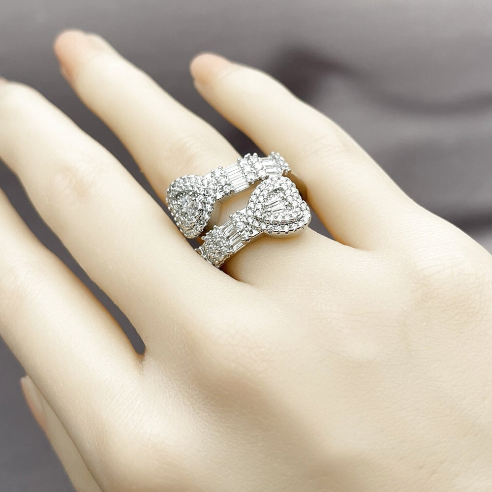 Rhodium Gold Filled Multi Stone Ring, Heart and Baguette Design, with White Cubic Zirconia and White Micro Pave, Polished, Rhodium Finish