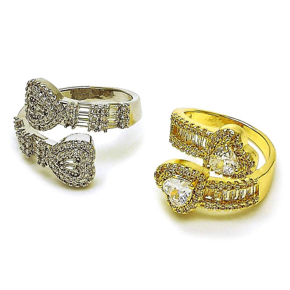 Rhodium Gold Filled Multi Stone Ring, Heart and Baguette Design, with White Cubic Zirconia and White Micro Pave, Polished, Rhodium Finish
