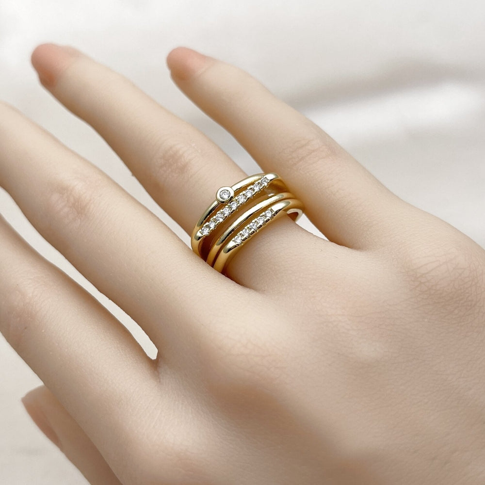 Oro Laminado Multi Stone Ring, Gold Filled Style with White Micro Pave and White Cubic Zirconia, Polished, Golden Finish
