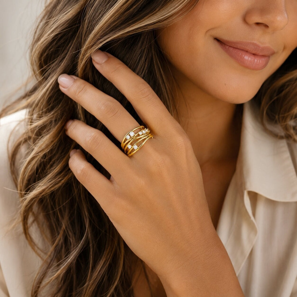 Oro Laminado Multi Stone Ring, Gold Filled Style with White Cubic Zirconia, Polished, Golden Finish