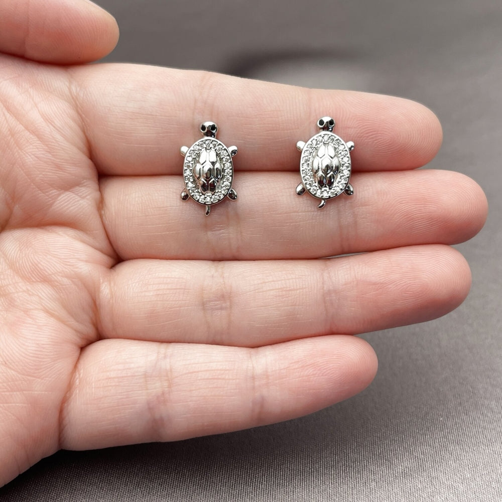 White Gold Filled Stud Earring, Turtle Design, with White and Black Micro Pave, Polished, Rhodium Finish