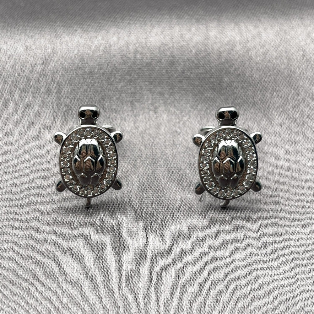White Gold Filled Stud Earring, Turtle Design, with White and Black Micro Pave, Polished, Rhodium Finish