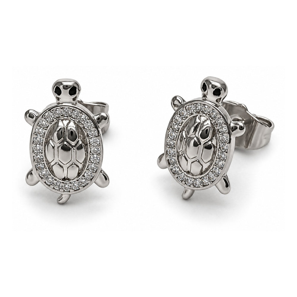 White Gold Filled Stud Earring, Turtle Design, with White and Black Micro Pave, Polished, Rhodium Finish