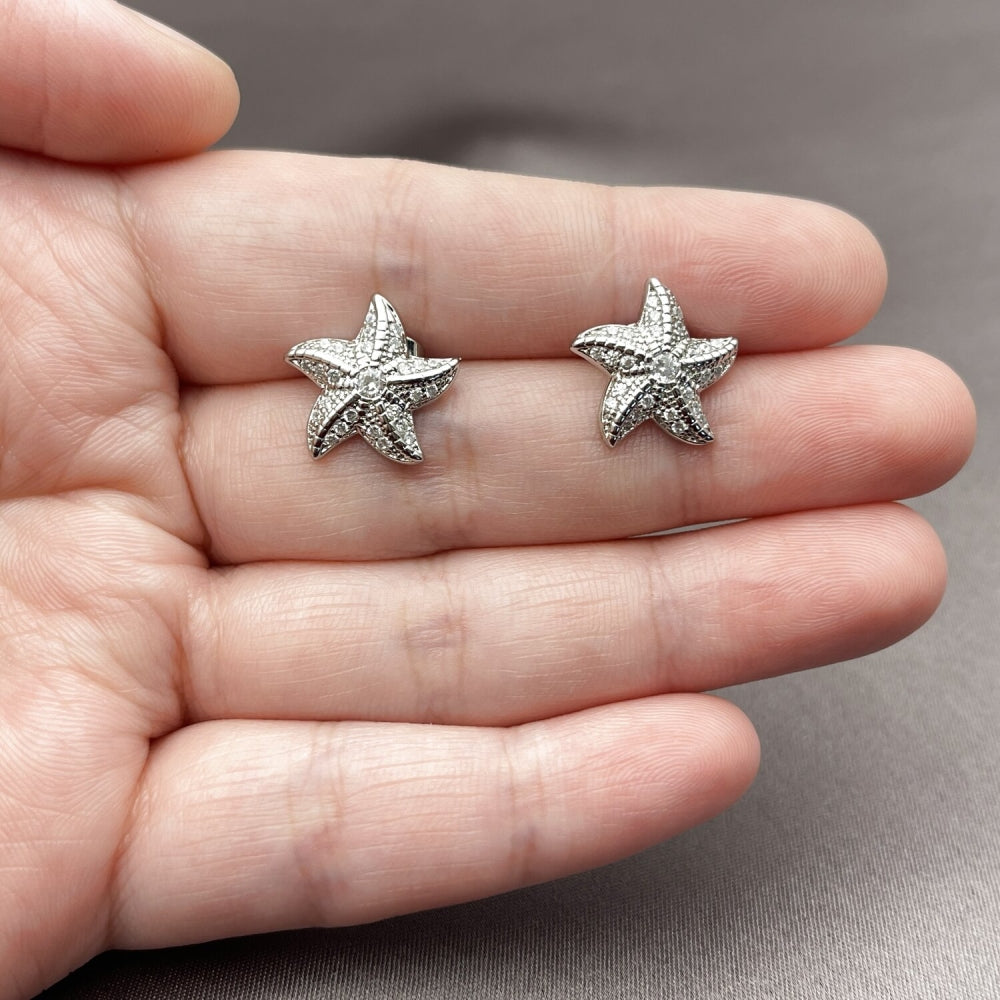 Rhodium Gold Filled Stud Earring, Star Design, with White Micro Pave and White Cubic Zirconia, Polished, Rhodium Finish